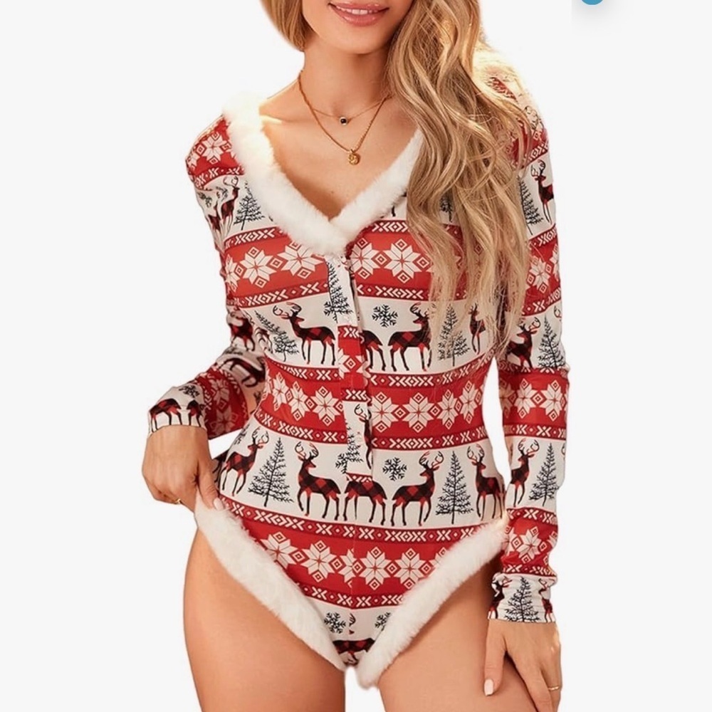 Festive Red and White Kids One Piece bodysuit Christmas fur trimmed sexy SZ SM